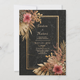 Invitación Boda de Hibisco Rosa Tropical de Mármol Negro
