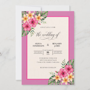 Invitación Boda de Hibisco Tropical Fuchsia y Eucalipto