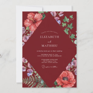 Invitación Boda de Hibisco Tropical y Eucalipto de Borgoña