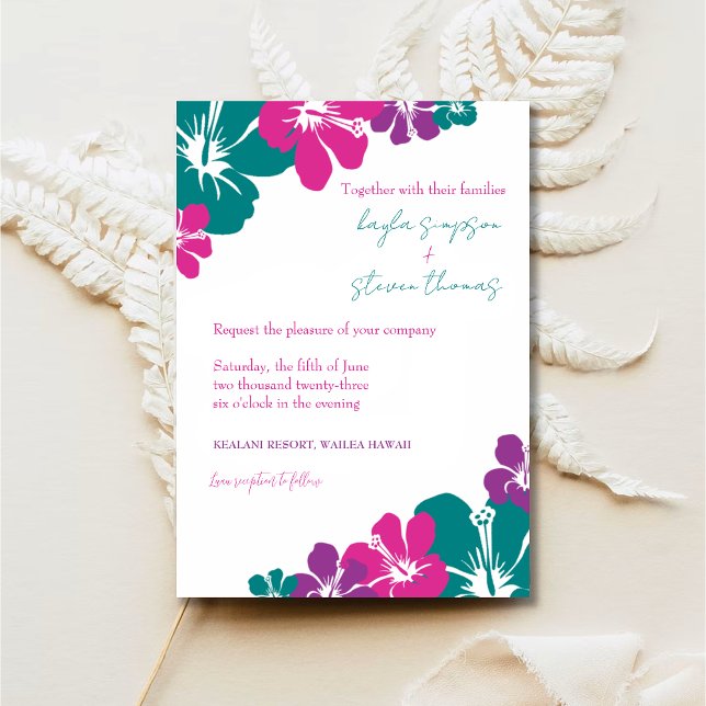 Invitación Boda de Hibiscus púrpura rosado Verde azulado trop (Subido por el creador)