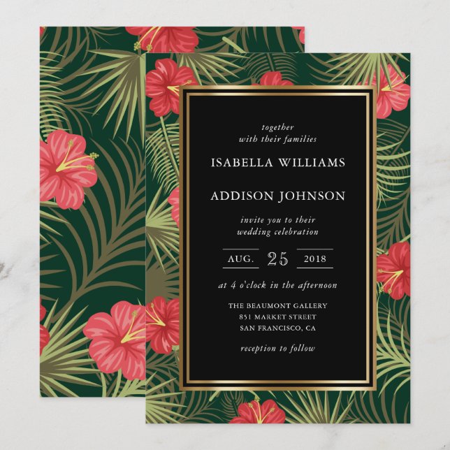 Invitación Boda de Hibiscus y Palm Fronds (Anverso / Reverso)