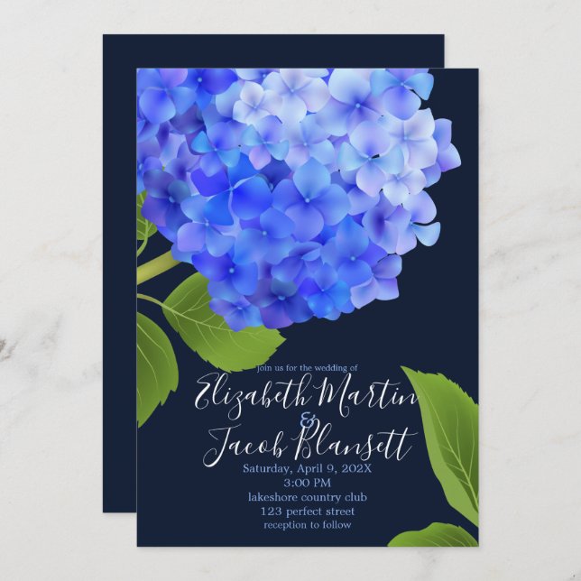 Invitación Boda de hidrangea azul acuarela (Anverso / Reverso)