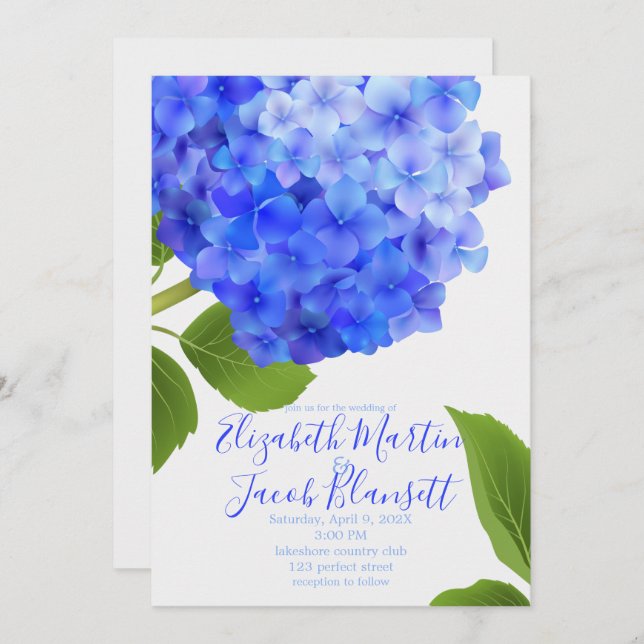 Invitación Boda de hidrangea azul acuarela (Anverso / Reverso)