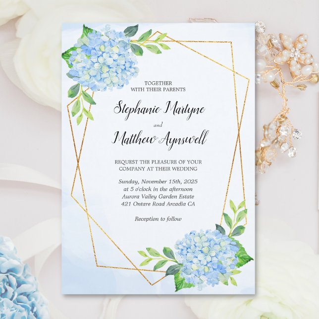 Invitación Boda de hidrangea azul geométrica floral moderna (Subido por el creador)