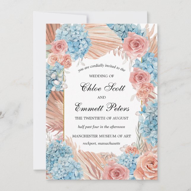 Invitación Boda de hidrangea azul Rosa con polvo premium (Anverso)