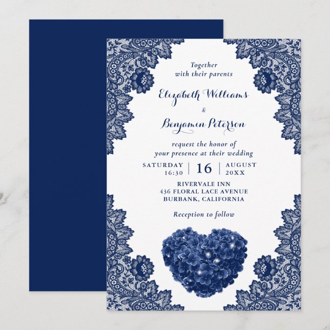 Invitación Boda de hidrangea de encaje azul de la marina pers (Anverso / Reverso)