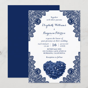 Invitación Boda de hidrangea de encaje azul de la marina pers