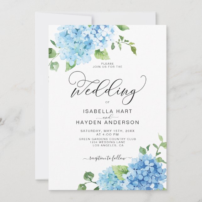 Invitación Boda de hidrangea floral de la marina azul turbia (Anverso)