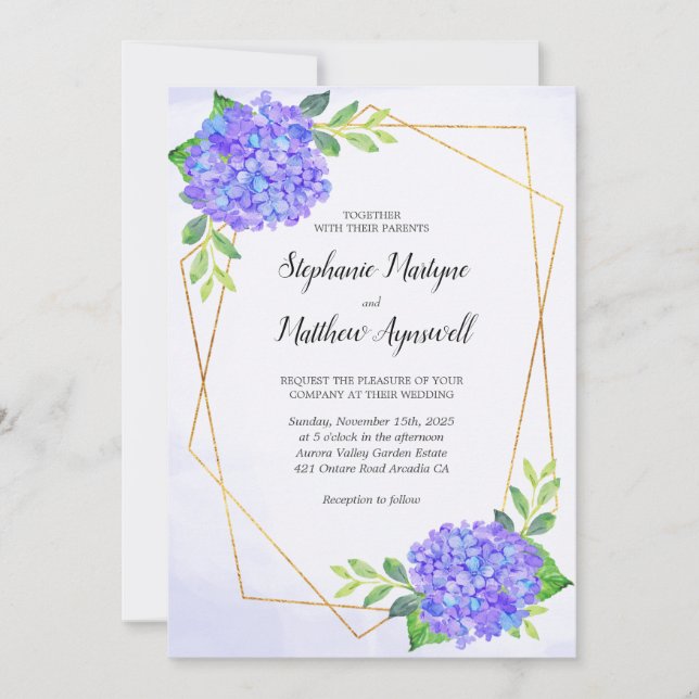 Invitación Boda de hidrangea geométrica floral moderna púrpur (Anverso)
