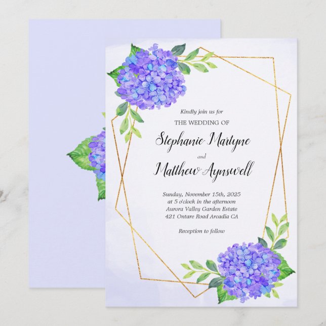 Invitación Boda de hidrangea geométrica púrpura moderna (Anverso / Reverso)