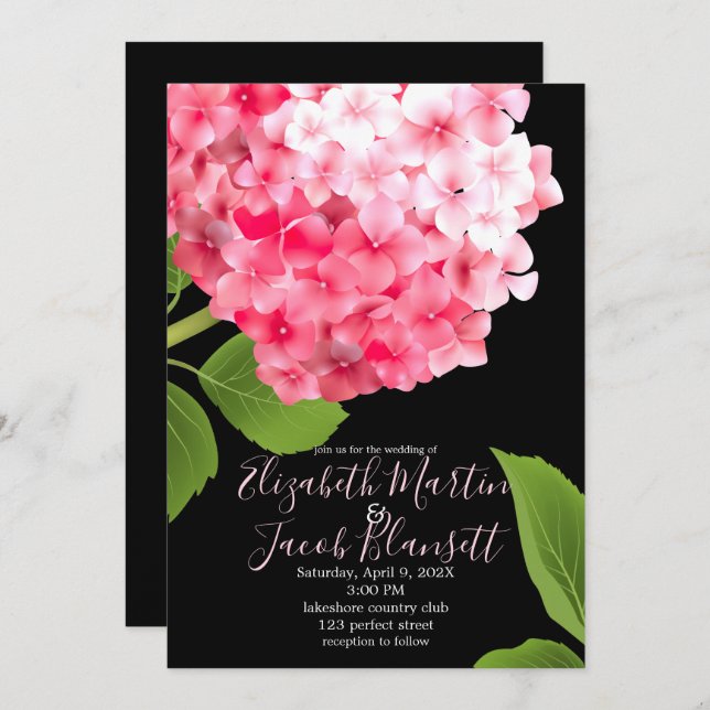 Invitación Boda de hidrangea rosa acuarela (Anverso / Reverso)