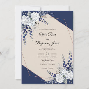 Invitación Boda de hidrangeas de eucalipto blanco naval