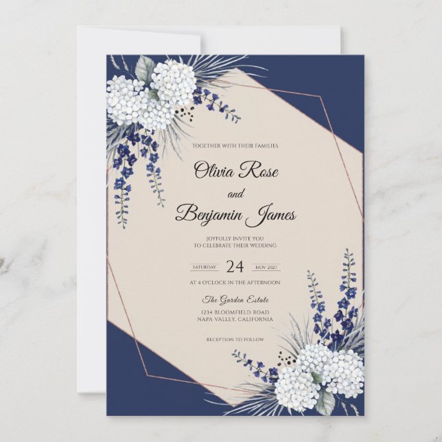Invitación Boda de hidrangeas de eucalipto blanco naval (Anverso)