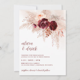Invitación Boda de hierba de Pampas Boho con rosas de Burdeos