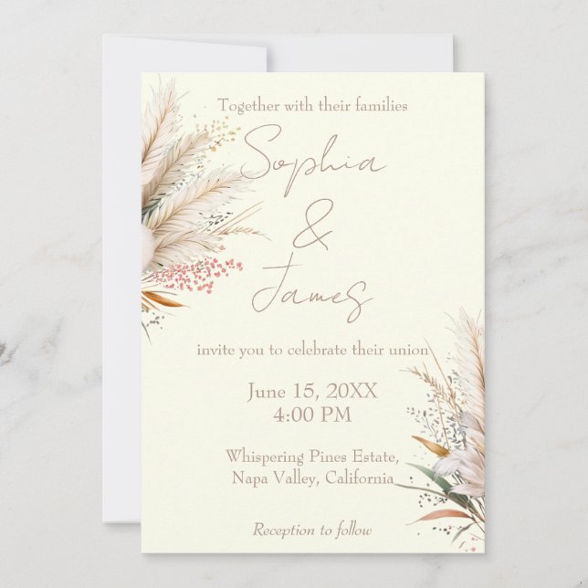 Invitación Boda de hierba de Pampas Boho marfil (Anverso)