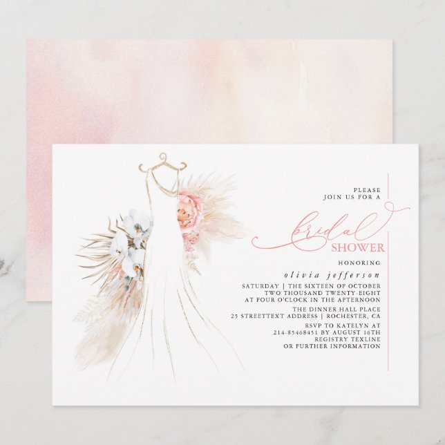Invitación Boda de hierba de Pampas ducha de novia rosa (Anverso / Reverso)
