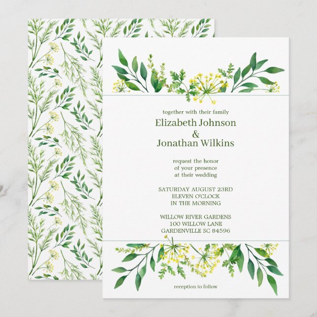 Invitación Boda de hierbas botánicas de la primavera verde (Anverso / Reverso)