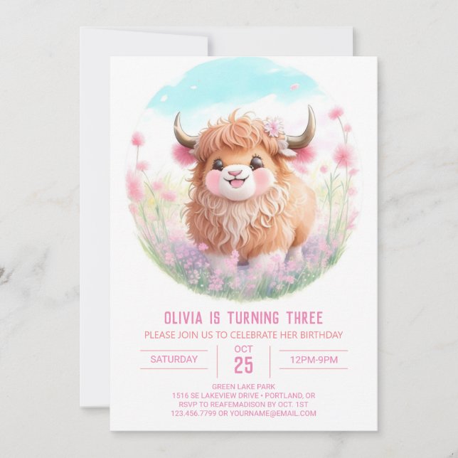 Invitación Boda de Highland y florecimiento rosa Cumpleaños (Anverso)