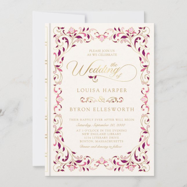 Invitación Boda de historia de hadas de libros de la Bibliote (Anverso)