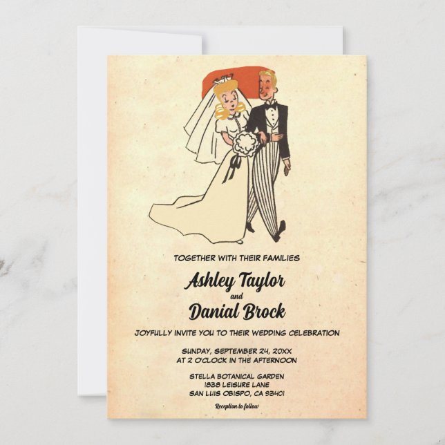 Invitación Boda de historietas de la pareja retro de los años (Anverso)