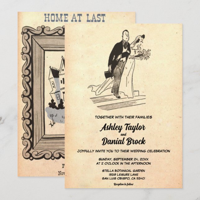 Invitación Boda de historietas de parejas de estilo antiguo r (Anverso / Reverso)