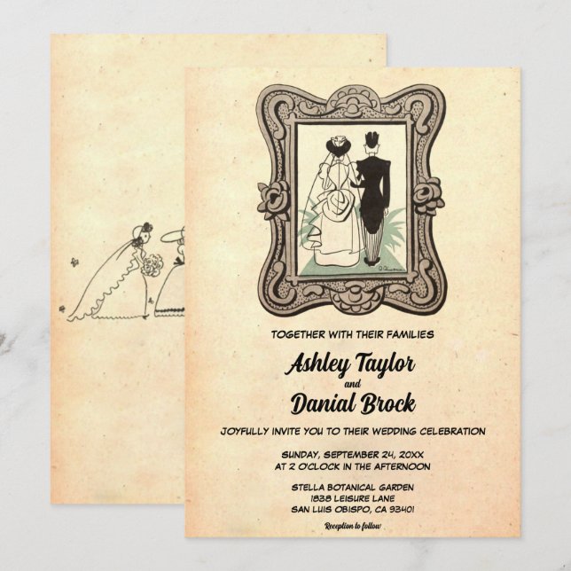 Invitación Boda de historietas de parejas de estilo antiguo r (Anverso / Reverso)