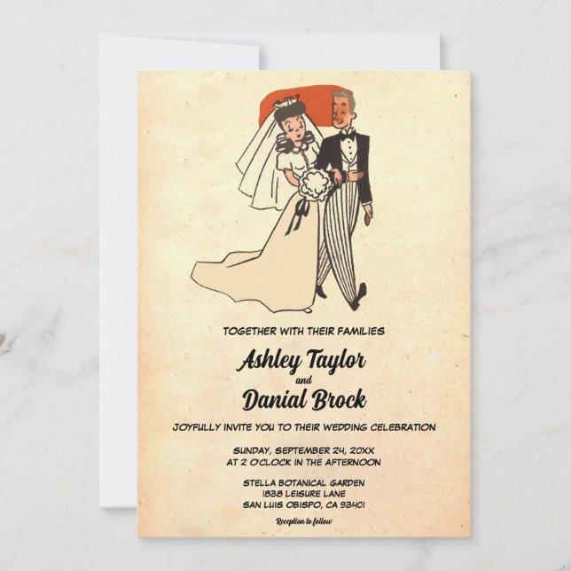 Invitación Boda de historietas de parejas románticas retro de (Anverso)