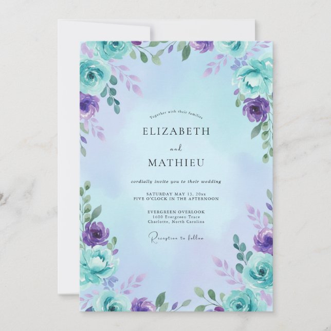 Invitación Boda de hoja acuática amatista (Anverso)
