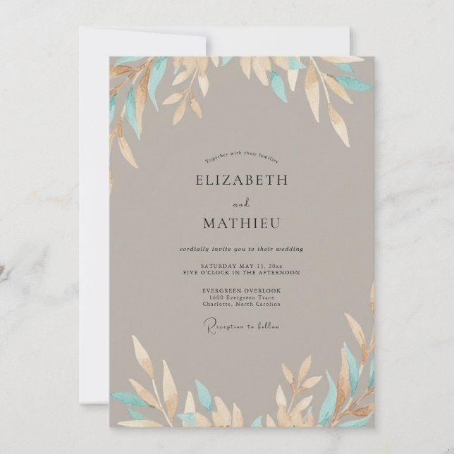 Invitación Boda de hoja acuática beige (Anverso)