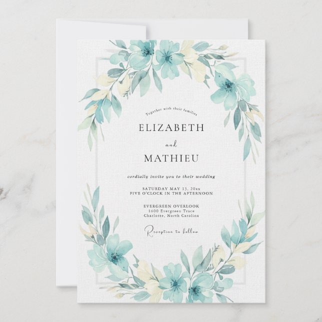 Invitación Boda de hoja acuática cian (Anverso)