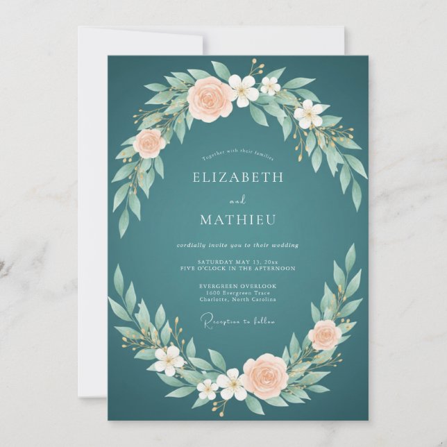 Invitación Boda de hoja acuática oscura (Anverso)