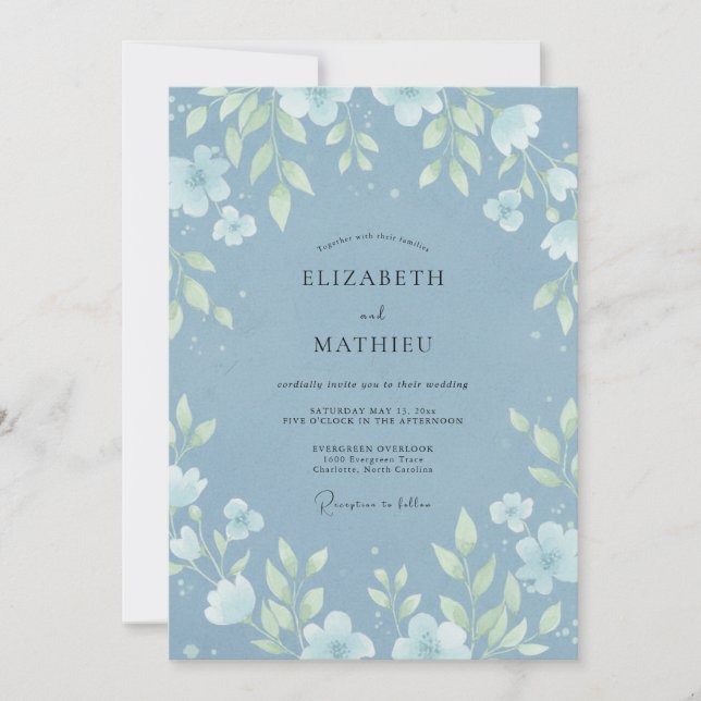 Invitación Boda de Hoja Azul Acero (Anverso)