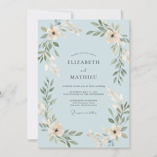 Invitación Boda de hoja azul en polvo (Anverso)