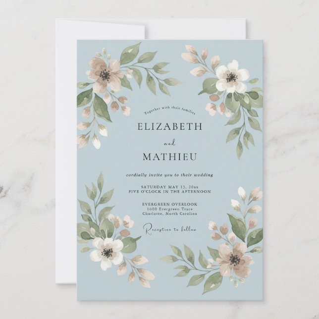 Invitación Boda de hoja azul en polvo (Anverso)