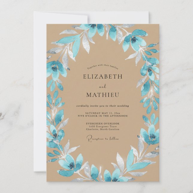 Invitación Boda de hoja beige acuática (Anverso)