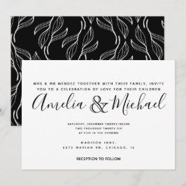Invitación Boda de hoja blanca de flora verde dibujada a mano
