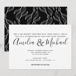Invitación Boda de hoja blanca de flora verde dibujada a mano