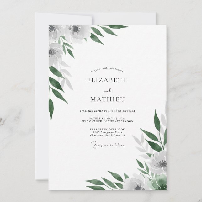 Invitación Boda de hoja blanca esmeralda (Anverso)