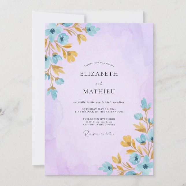 Invitación Boda de hoja cian lila (Anverso)