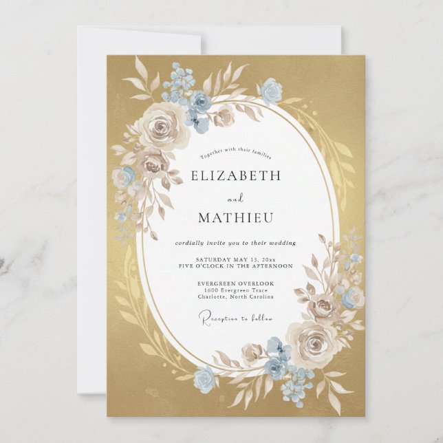 Invitación Boda de hoja de aciano dorada (Anverso)