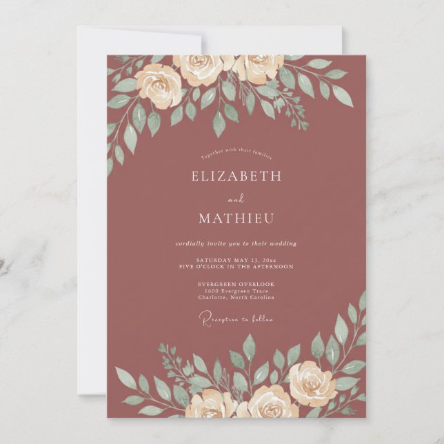 Invitación Boda de hoja de acuarela de cobre (Anverso)