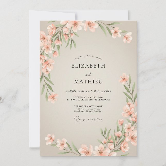 Invitación Boda de hoja de acuarela de melocotón (Anverso)