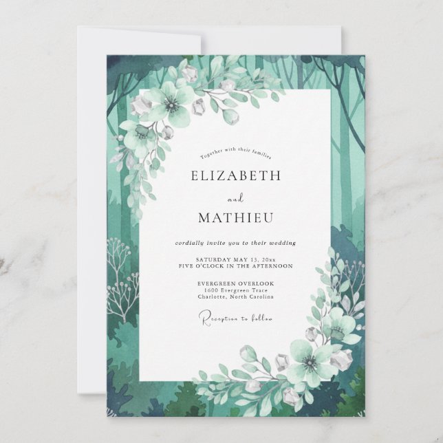 Invitación Boda de hoja de bosque acuático (Anverso)