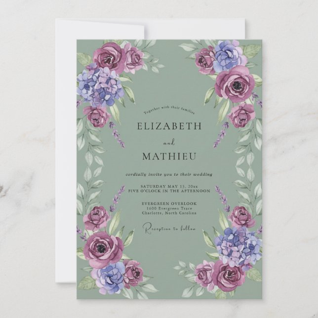 Invitación Boda de hoja de celadón amatista malva (Anverso)