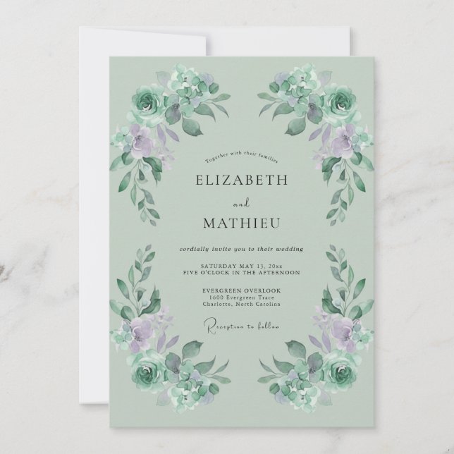 Invitación Boda de Hoja de Celadón Lila (Anverso)