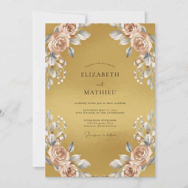 Invitación Boda de hoja de champán dorado (Anverso)