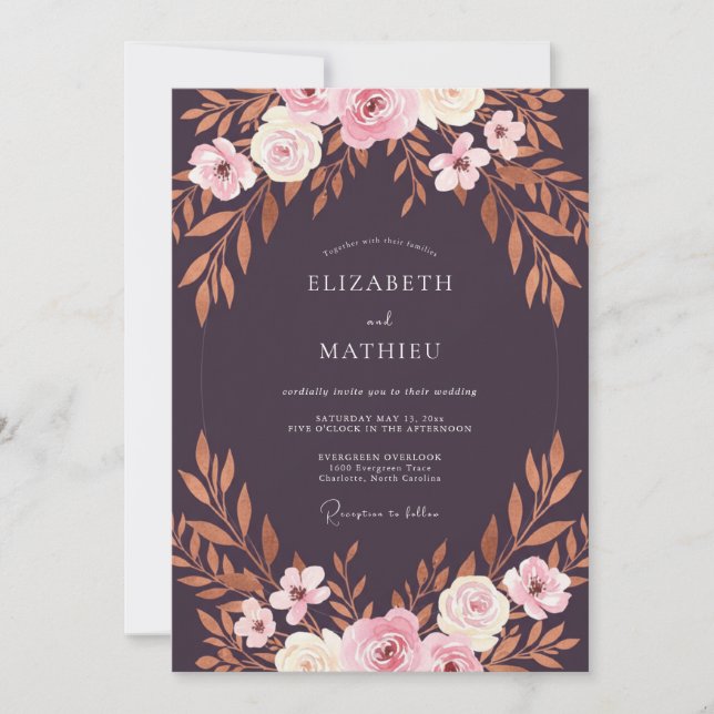 Invitación Boda de hoja de cobre ciruela (Anverso)