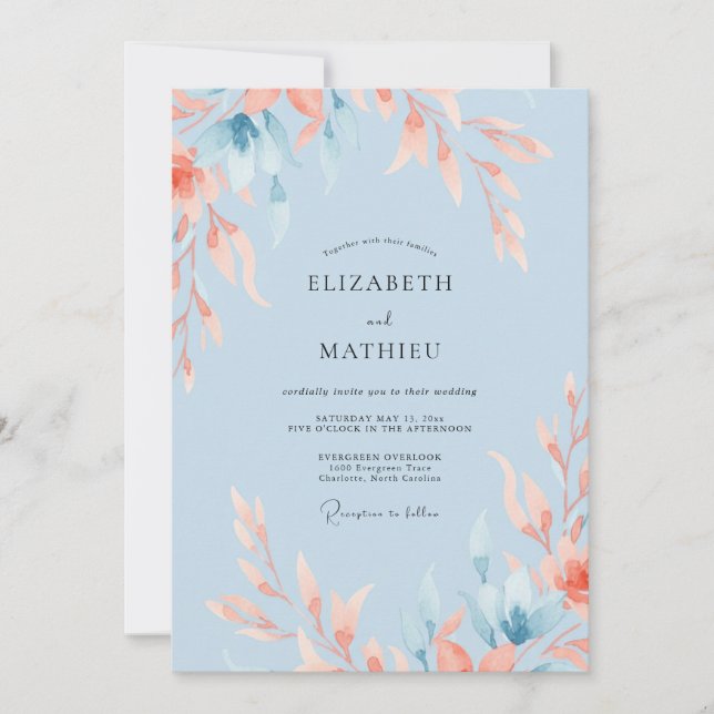 Invitación Boda de hoja de coral del cielo (Anverso)