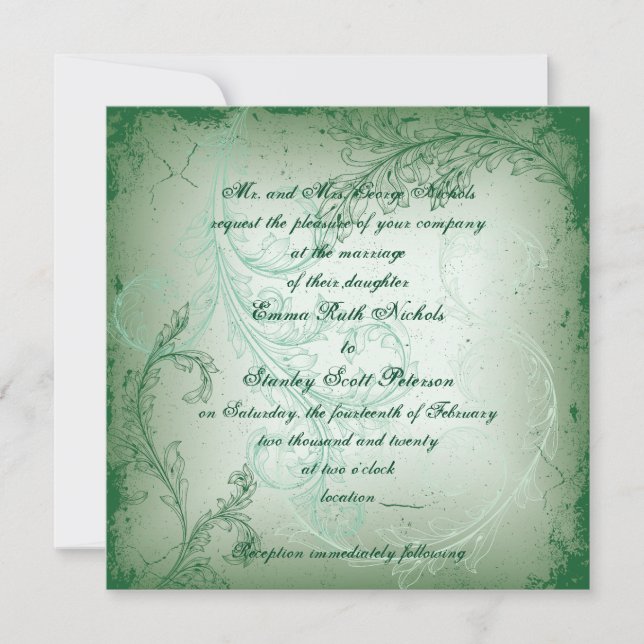 Invitación Boda de hoja de desplazamiento verde floreciente (Anverso)