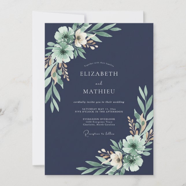 Invitación Boda de hoja de eucalipto de medianoche (Anverso)